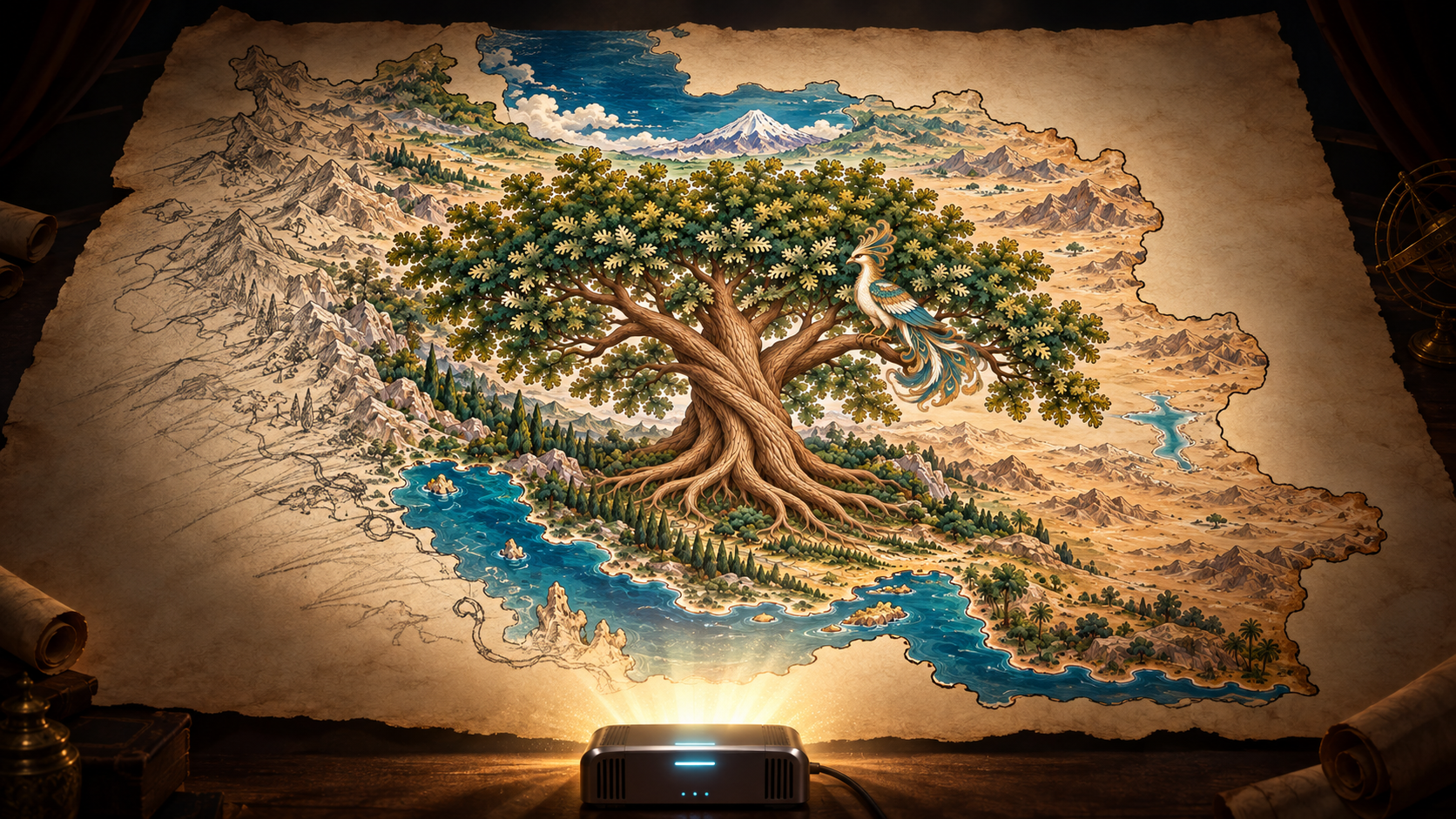 رسم لخريطة إيران مع شجرة بلوط عتيقة وطائر السيمرغ وجبل دماوند والبحار المحيطة