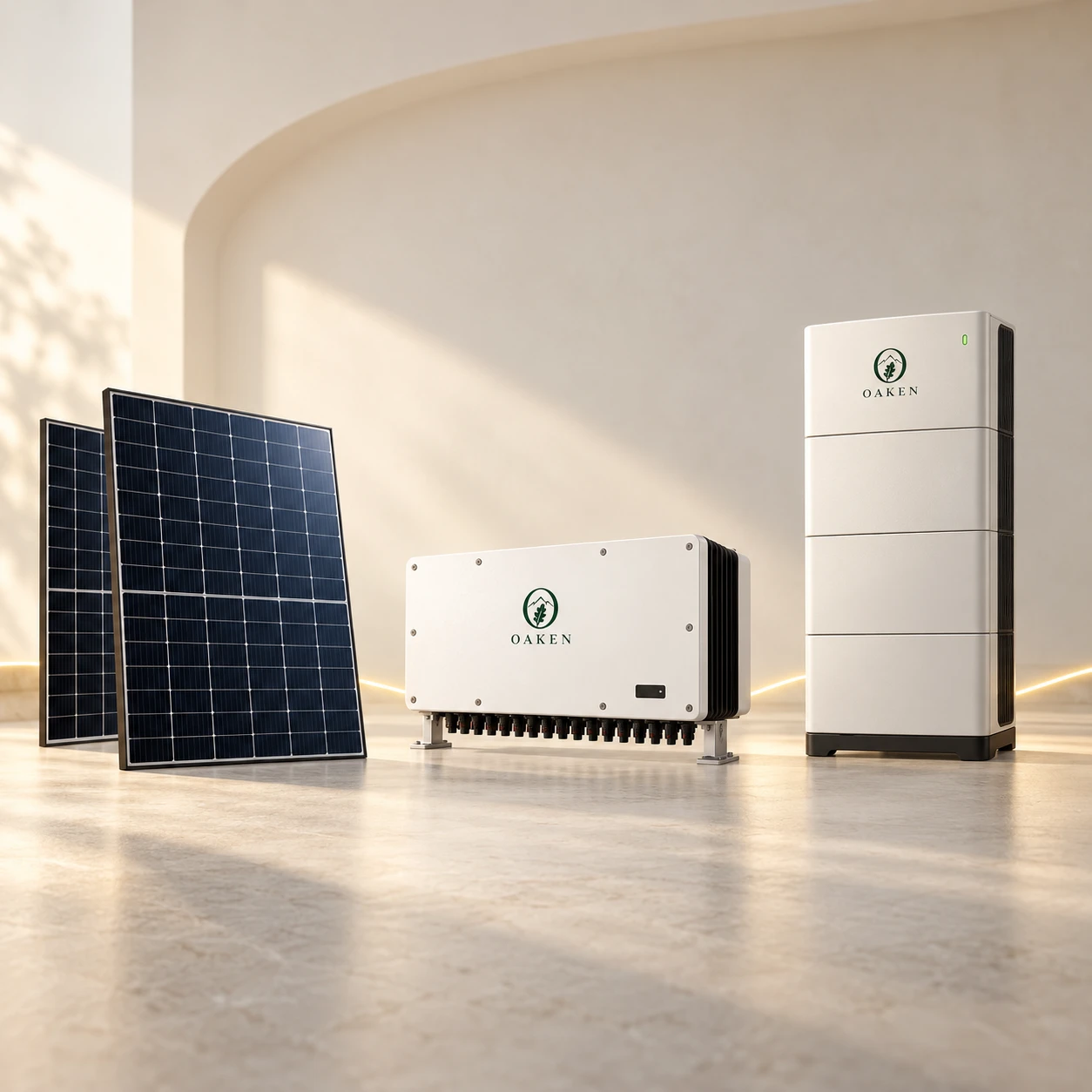 OAKEN solar product concept: modules, inverter and storage